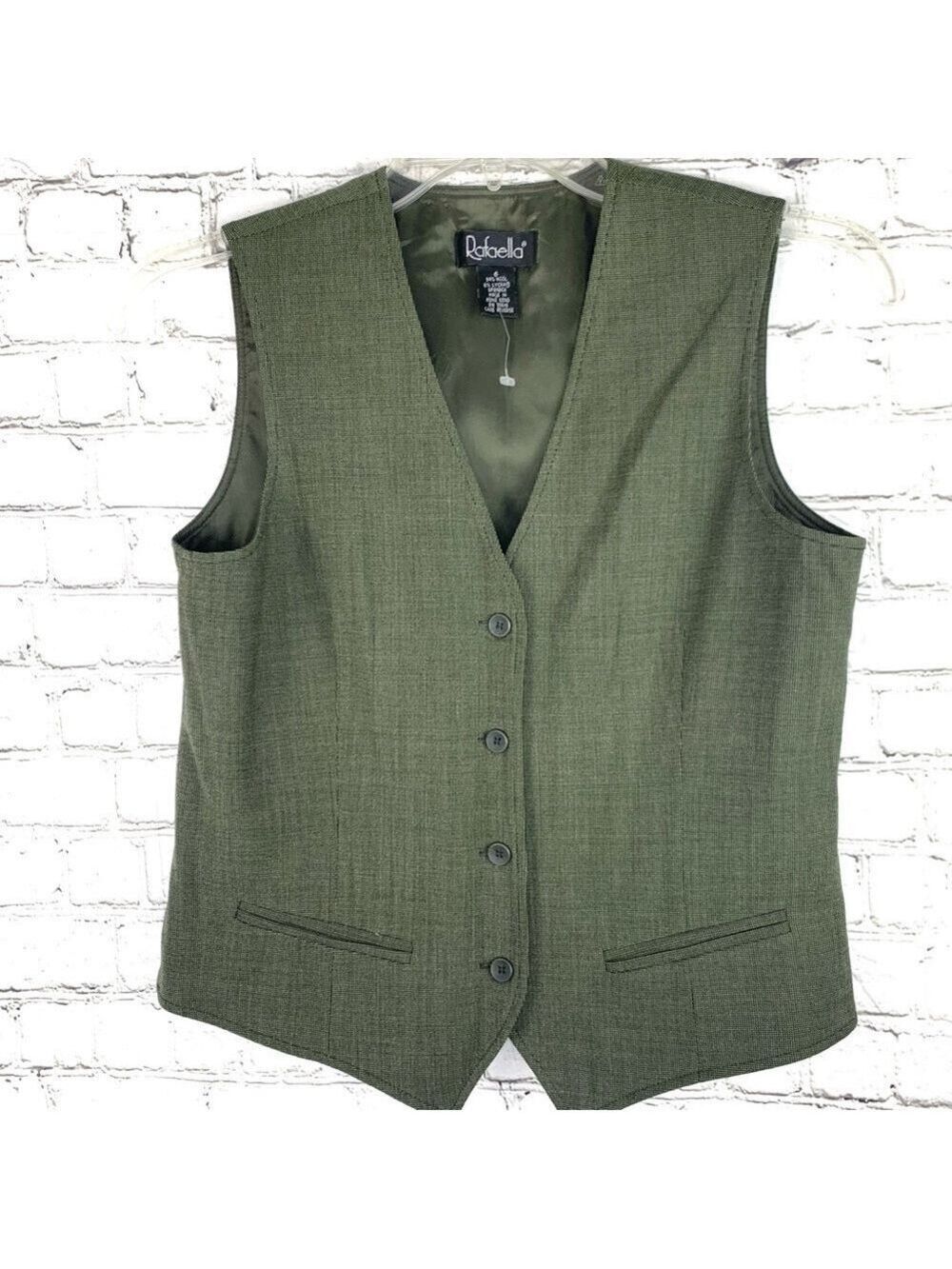 New--rafaella Vintage Woolen FullyLined SlitPockets Classic Vest Army Green SZ 6